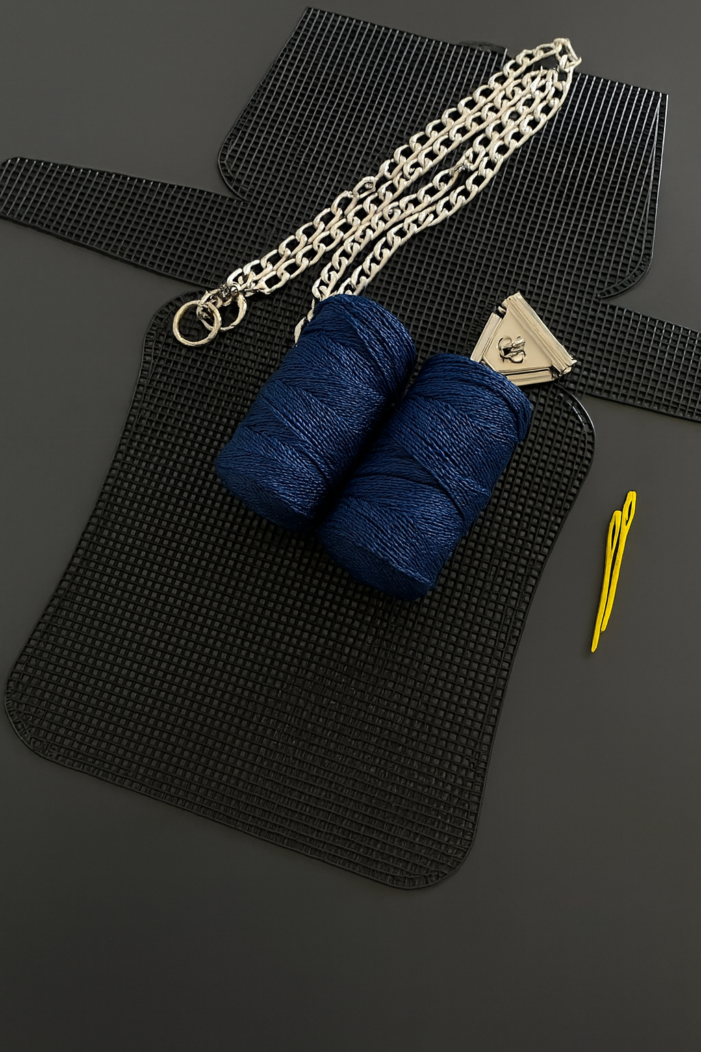 Lacivert Makrome İpli Kanvas Çanta Yapım Kiti 22x45 cm  200 gr İpli Gümüş Aksesuarlı DIY Örgü Seti