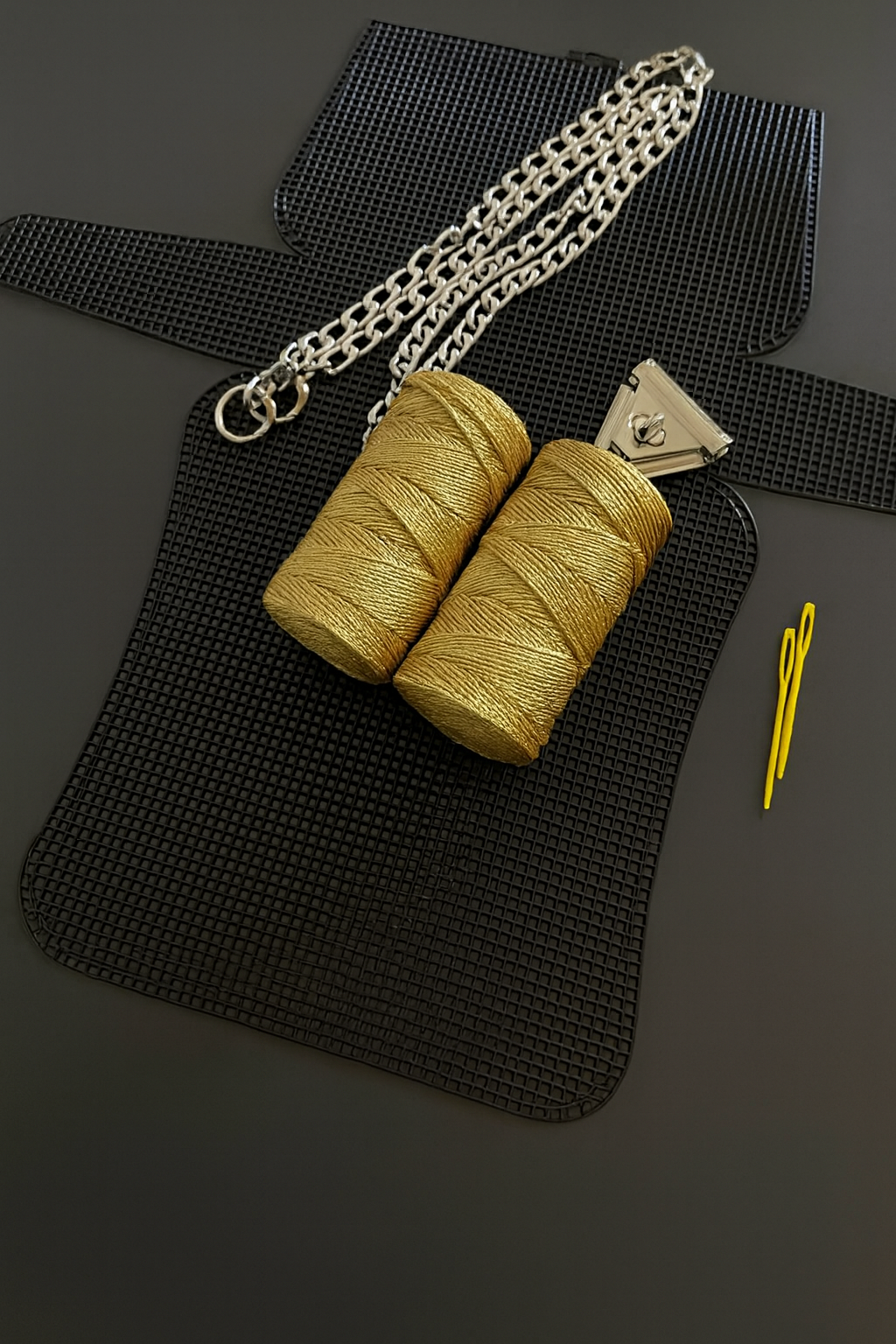 Gold Makrome İpli Kanvas Çanta Yapım Kiti 22x45 cm  200 gr İpli Gümüş Aksesuarlı DIY Örgü Seti