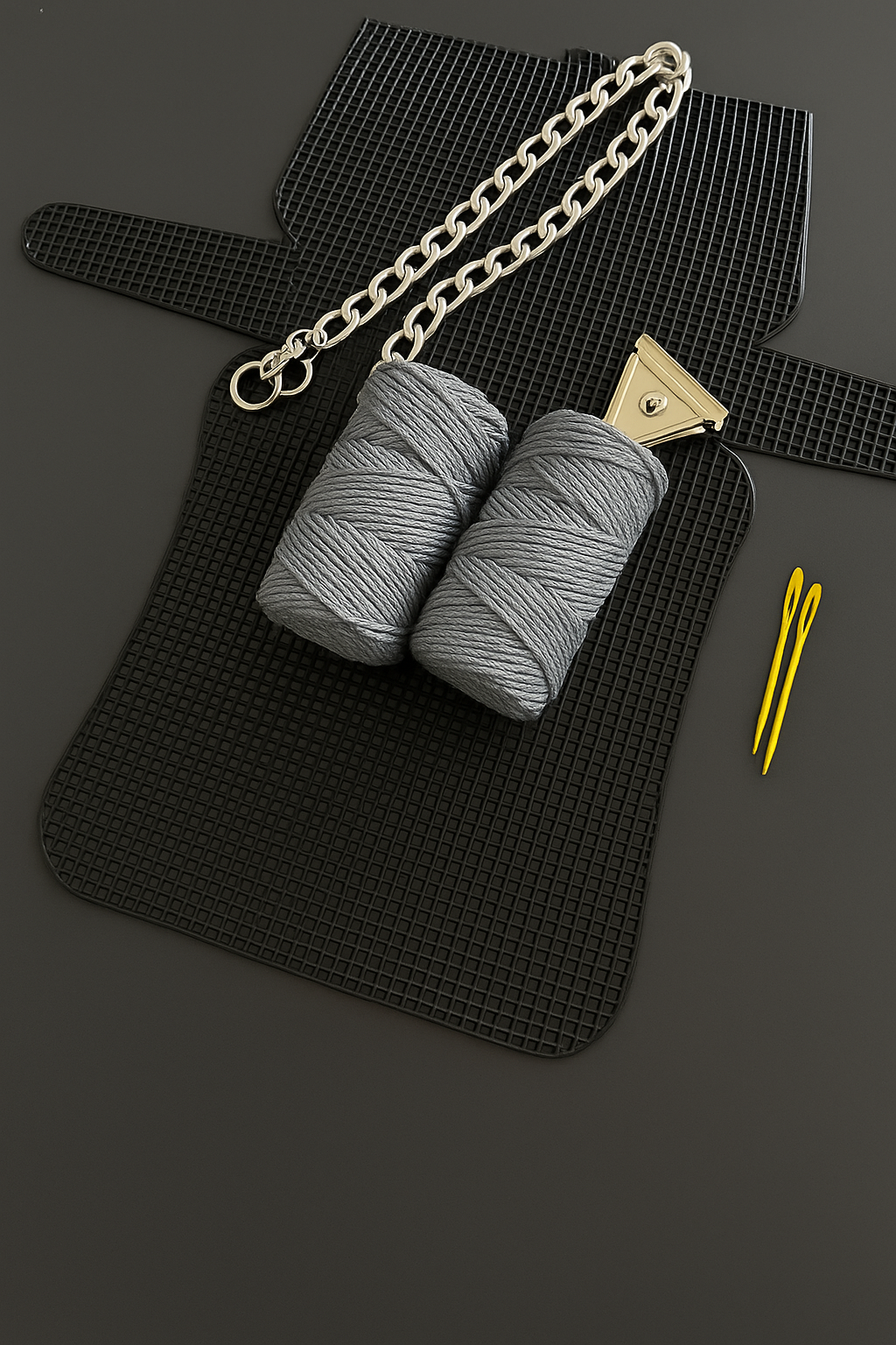 Gri Makrome İpli Kanvas Çanta Yapım Kiti 22x45 cm  200 gr İpli Gümüş Aksesuarlı DIY Örgü Seti